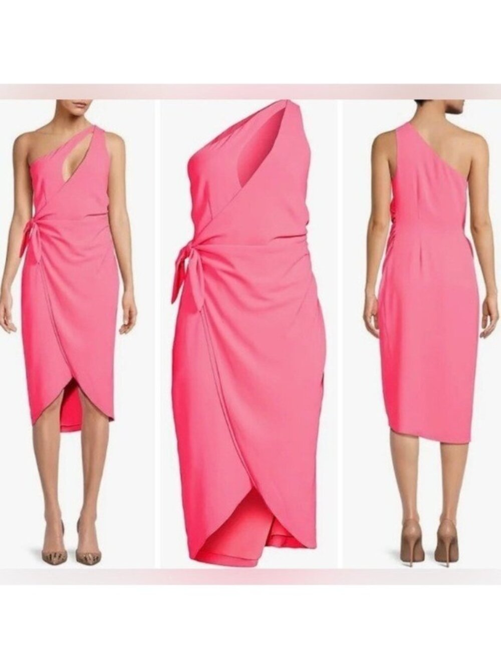 Amanda UpRichard NWT One Shoulder Pink Wrap Midi Dress Tulip Tie Detail (E847)
